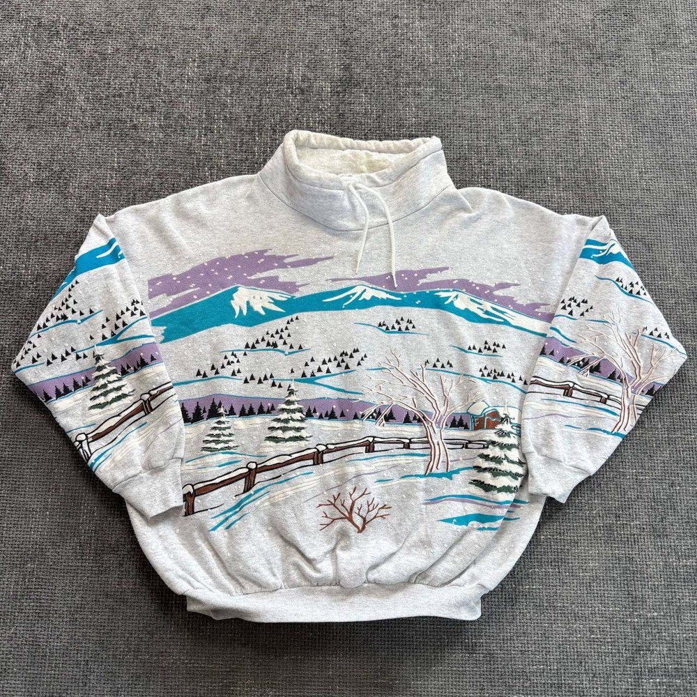 Zig Zag Vintage 90s Landscape Sweatshirt Womens Large Gray Mountain Mock Neck